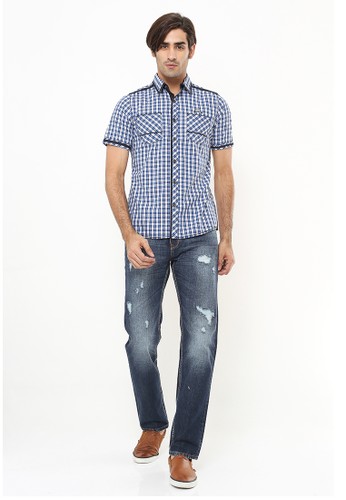 Jual LGS Slim Fit Kemeja Fashion Motif Kotak Kantong 