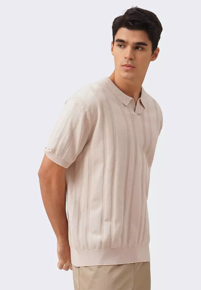 Men's Ribbed Knit Open Placket Polo