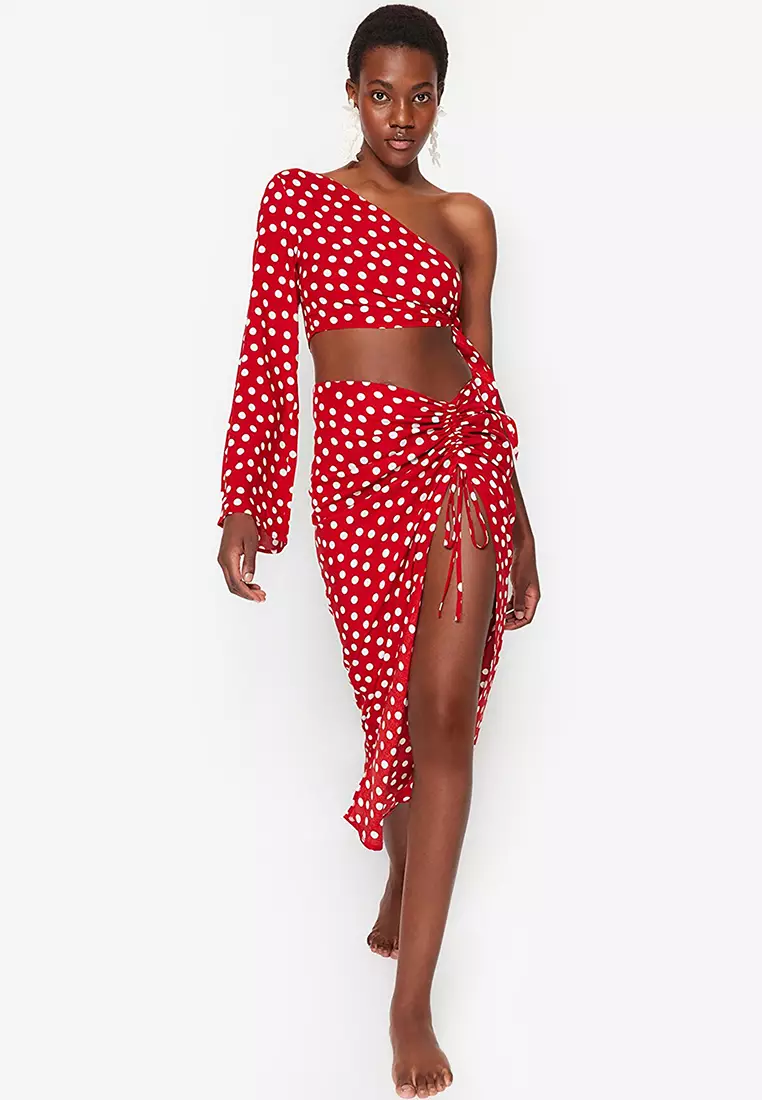 Red polka dot one best sale shoulder dress