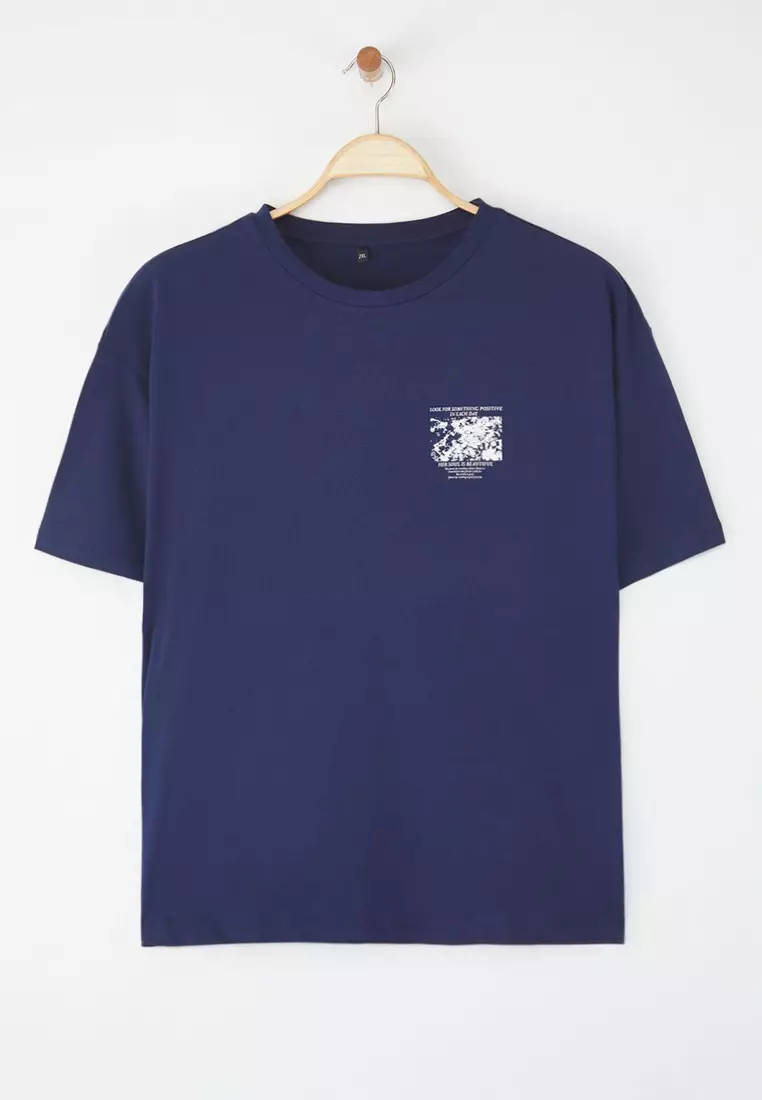 Navy Blue Oversize Fit 100% Cotton Front And Back Printed Knitted Plus Size T-Shirt Tbbss25Bf00002