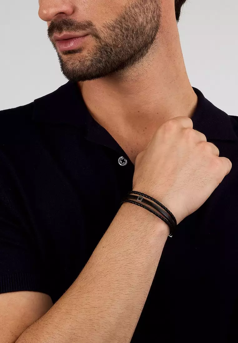 Maserati Leather Bracelet ,Men's Jewels ,Stainless Steel,19+3.5cm, Rose gold plated, Black, JM525AVE32（Adjustable）