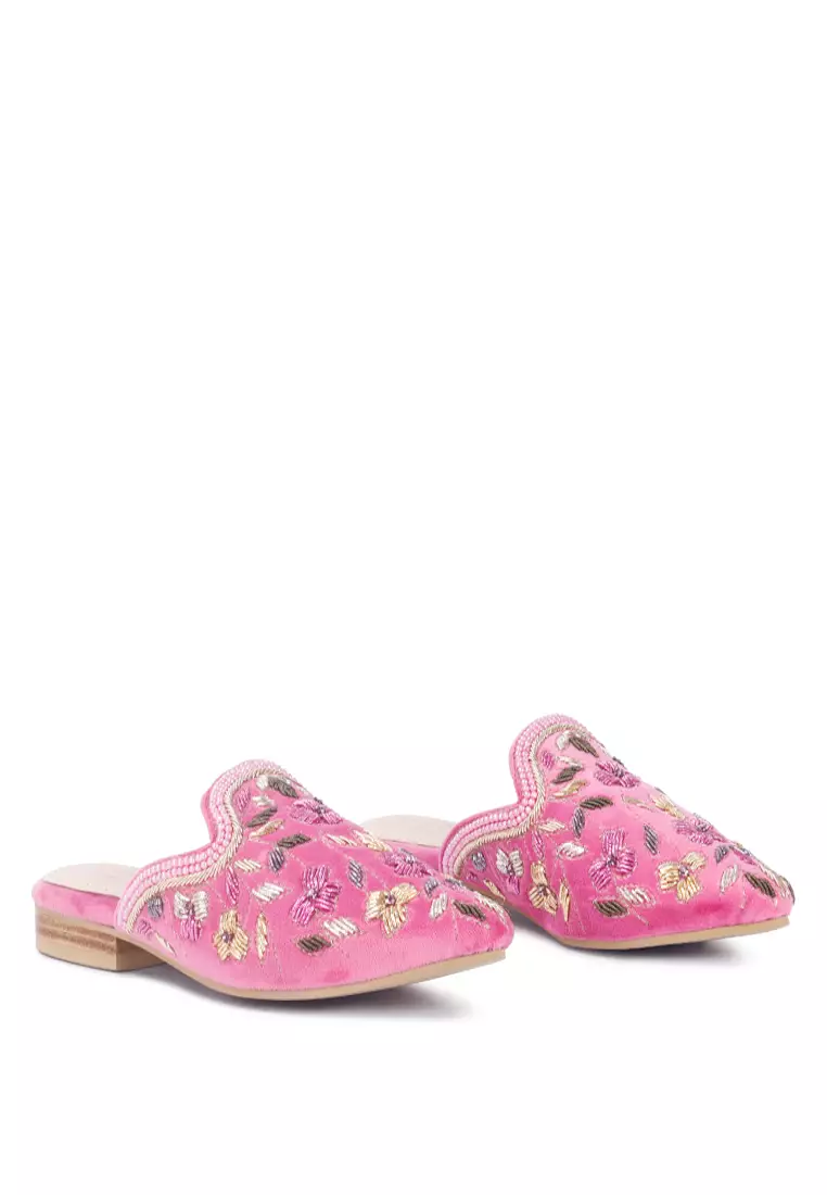 Buy Rag CO. Marcella Hand Embroidered Pink Velvet Mules Online