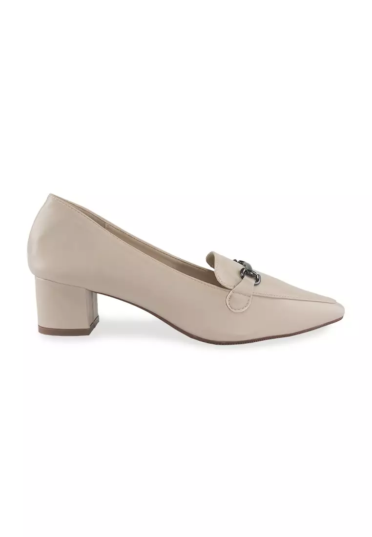 Buy Alfio Raldo Elegant Beige Leather Block Heeled Court Shoes for Formal /  Office Wear Online