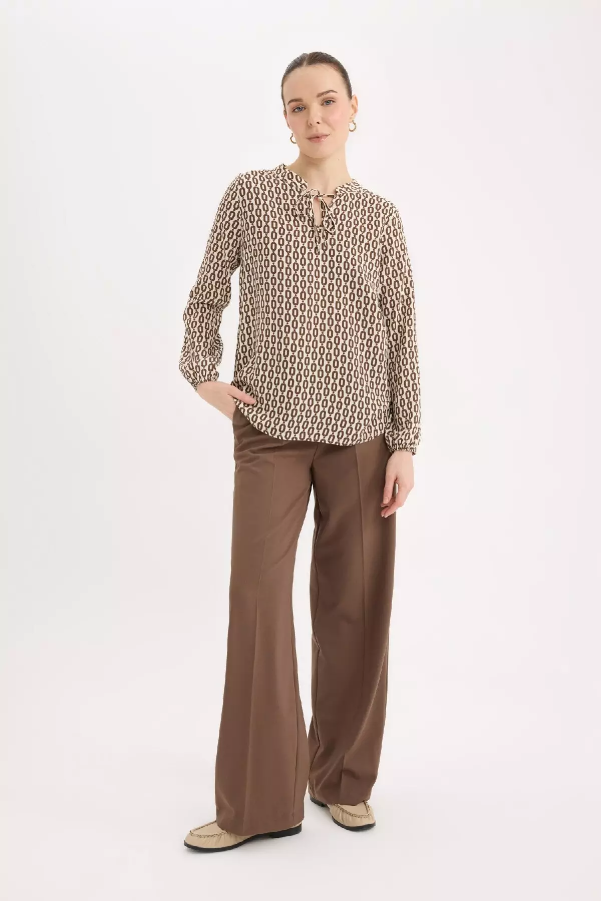 Regular Fit Lace-Up Collar Patterned Long Sleeve Blouse N1809Az25Sp