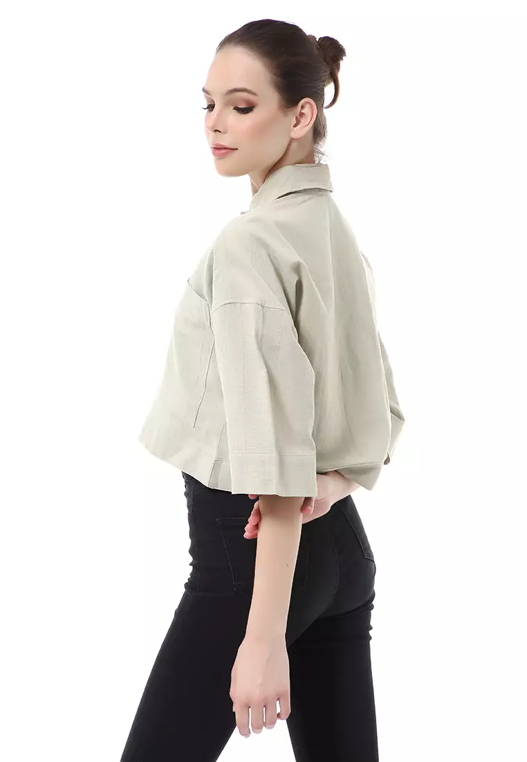Brielle Atasan Wanita Kemeja Crop Oversize Shirt Lengan Panjang Material Linen ORIGINAL - Sage
