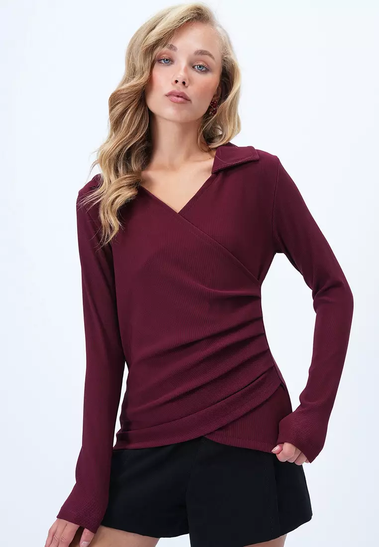 Shirt Collar Double Breasted Cut Drape Detailed Blouse