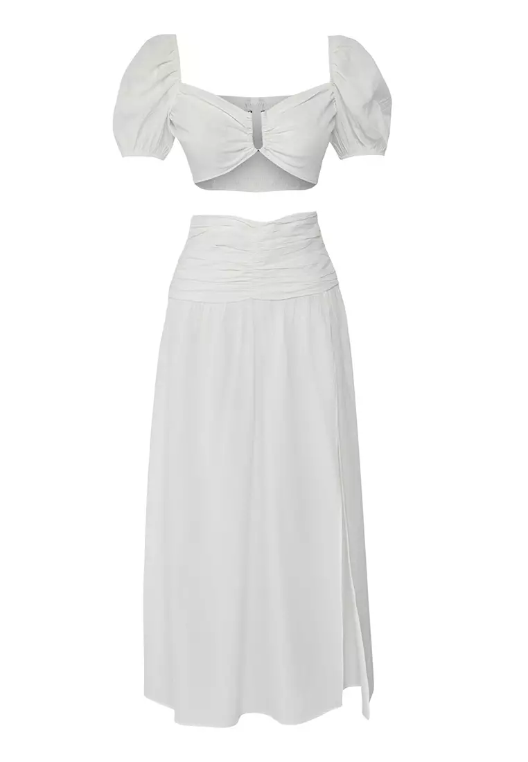 Ecru Woven Accessory Slit Blouse Skirt Beach Suit Tbess24Au00036