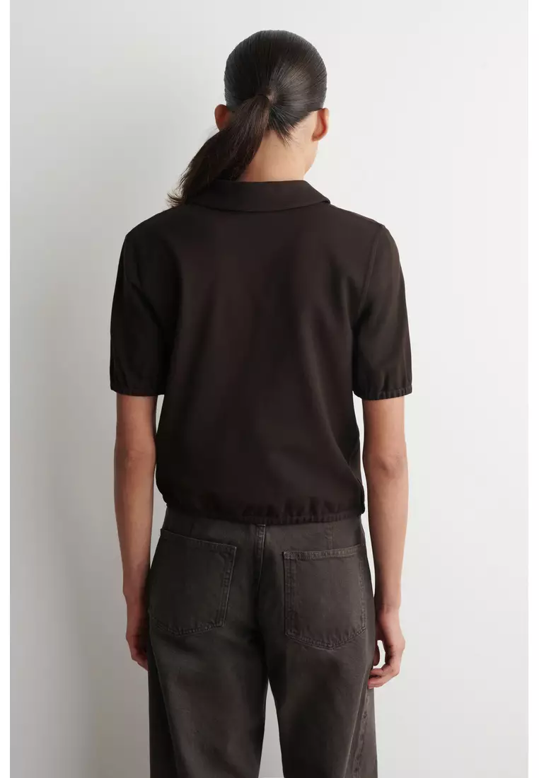 GATHERED JERSEY ZIPPED POLO TOP
