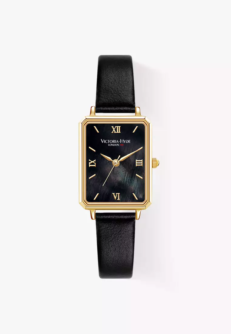 Hampton 22×28 mm女士手錶 黑色珍珠母貝錶盤 優雅方形手錶 配黑色真皮錶帶-黑色