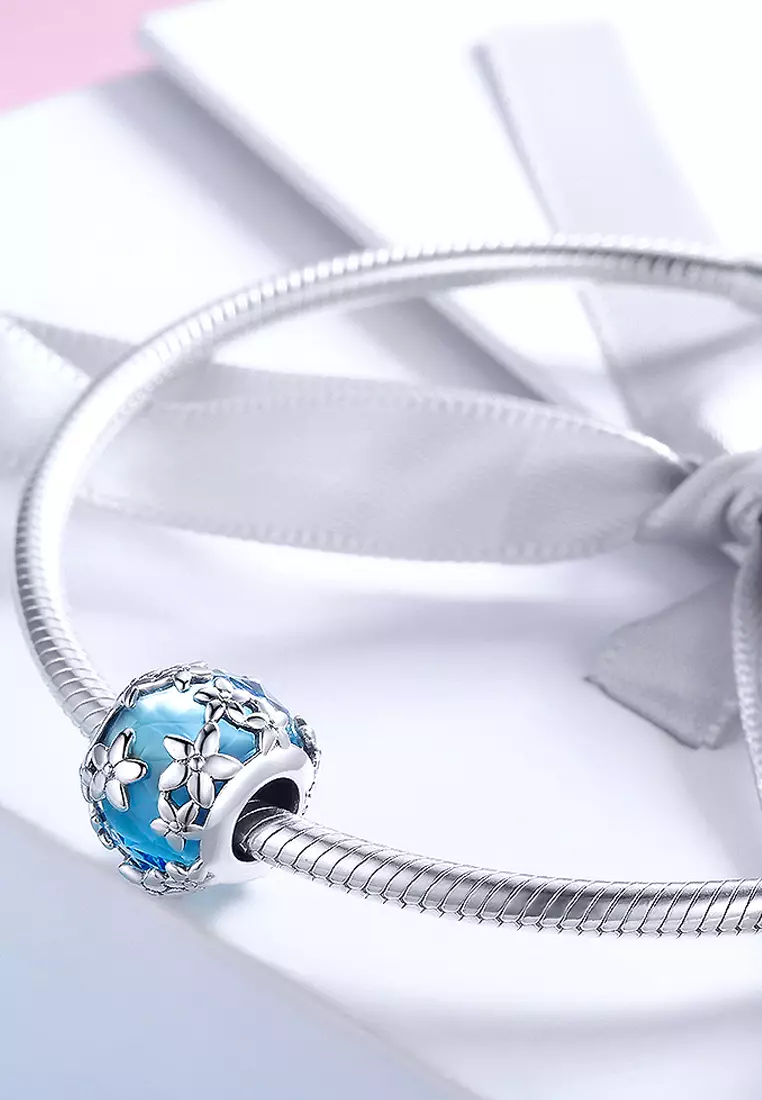 Solid 925 Sterling Silver Floral Garden Crystal Glass Charm