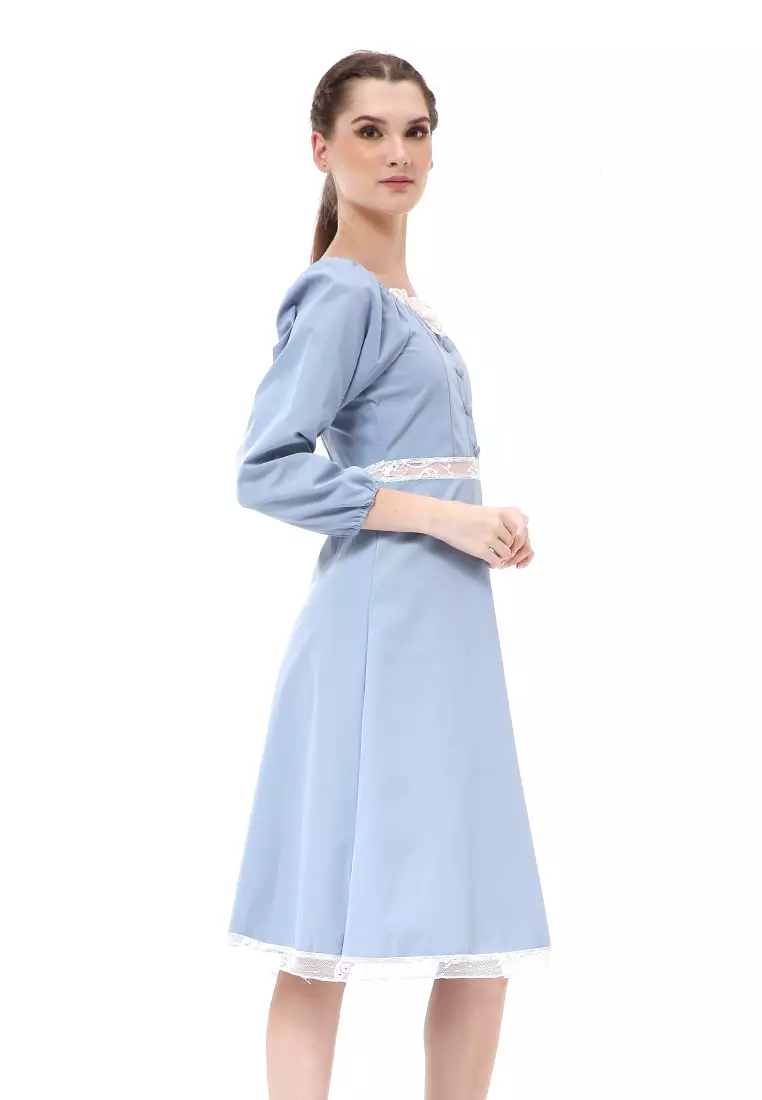 Rachel Dress Retro Vintage Wanita Long Sleeve Simple Elegan Material Cotton ORIGINAL - Sky Blue