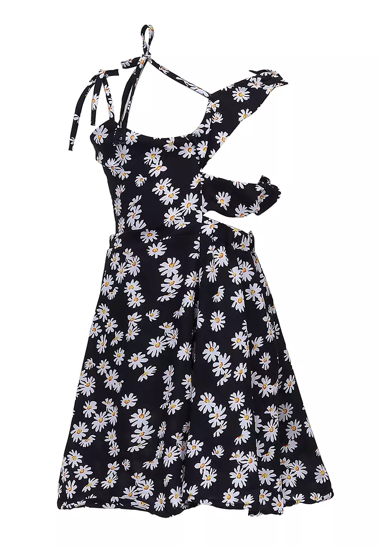 Bianca Gaun Selempang Anak Perempuan Motif Bunga Kids Dresses Sleeveless Material Chiffon ORIGINAL - Black