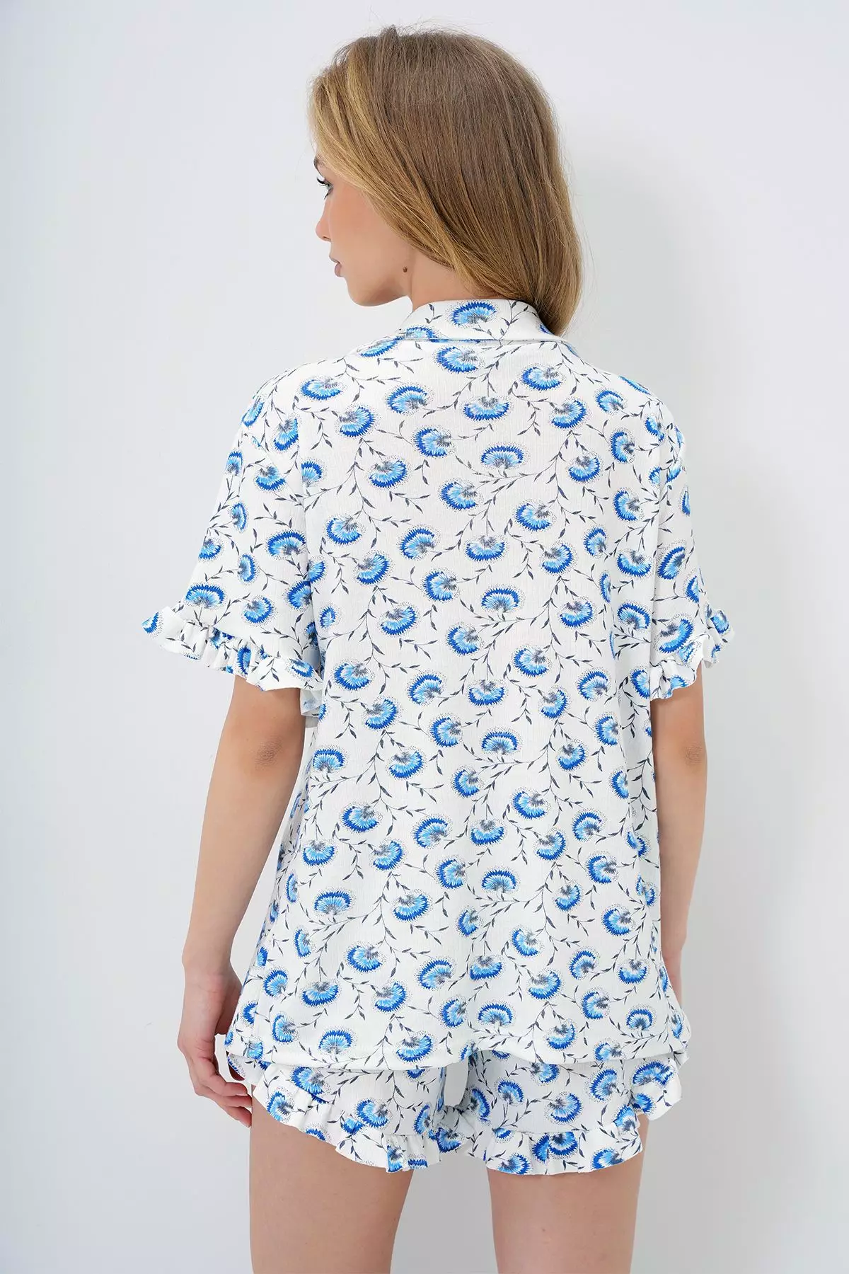 Lily Blue Single Pocket Sleeves And Legs Ruffled Cotton Shirt And Shorts Pajama Set Pjm-X13896