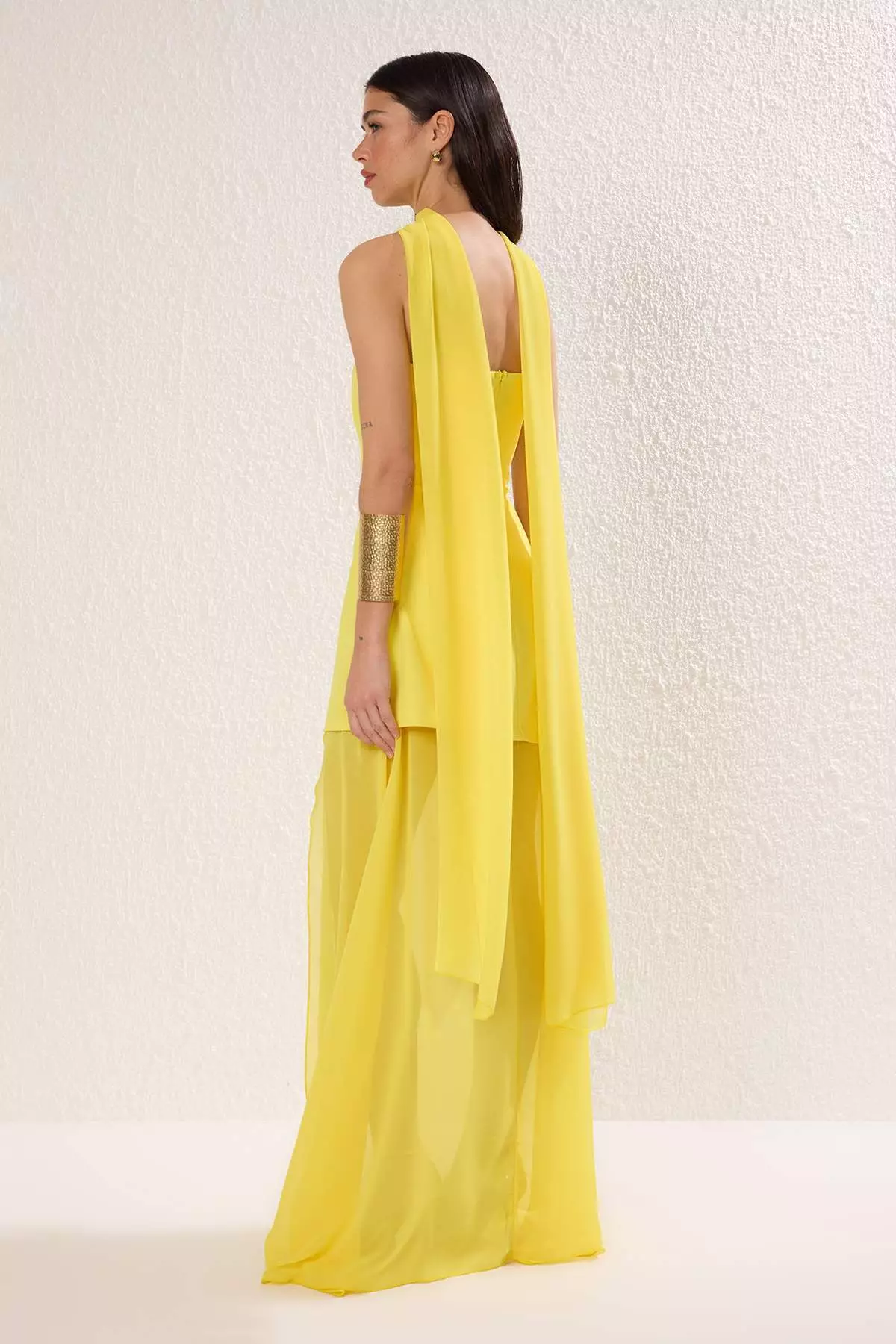 Vibrant Yellow Shawl Detail Maxi Evening Dress
