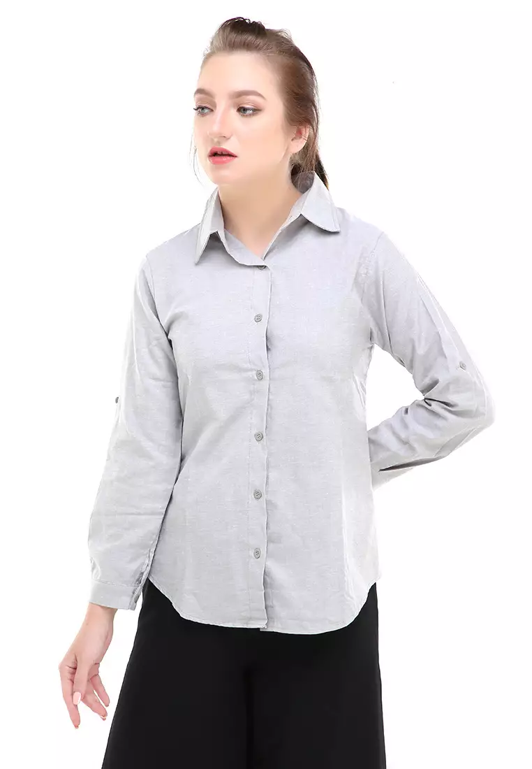 Jeanly Kemeja Lengan Panjang Motif Solid Atasan Wanita Regular Fit - Khaki