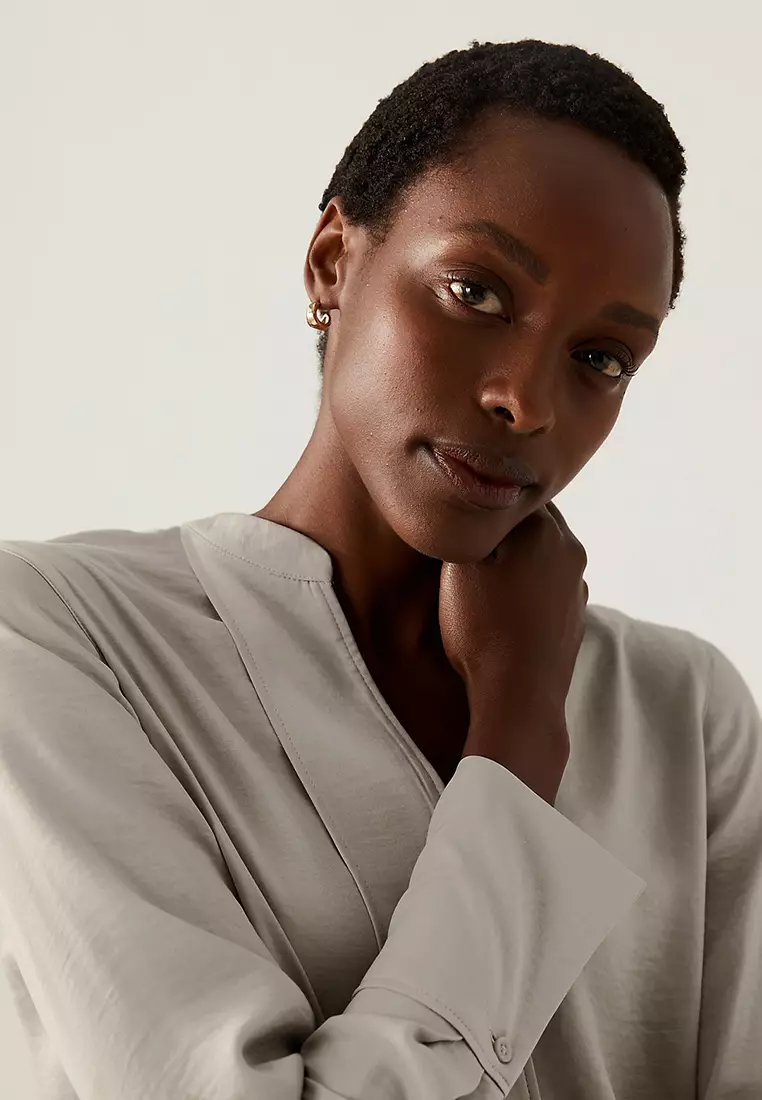 Satin V-Neck Long Sleeve Popover Blouse