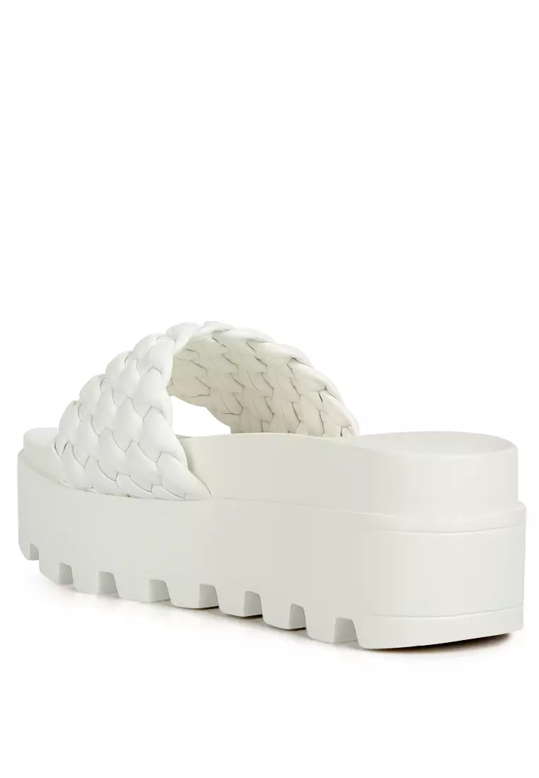 Platform Slides with Woven Textured Straps in White