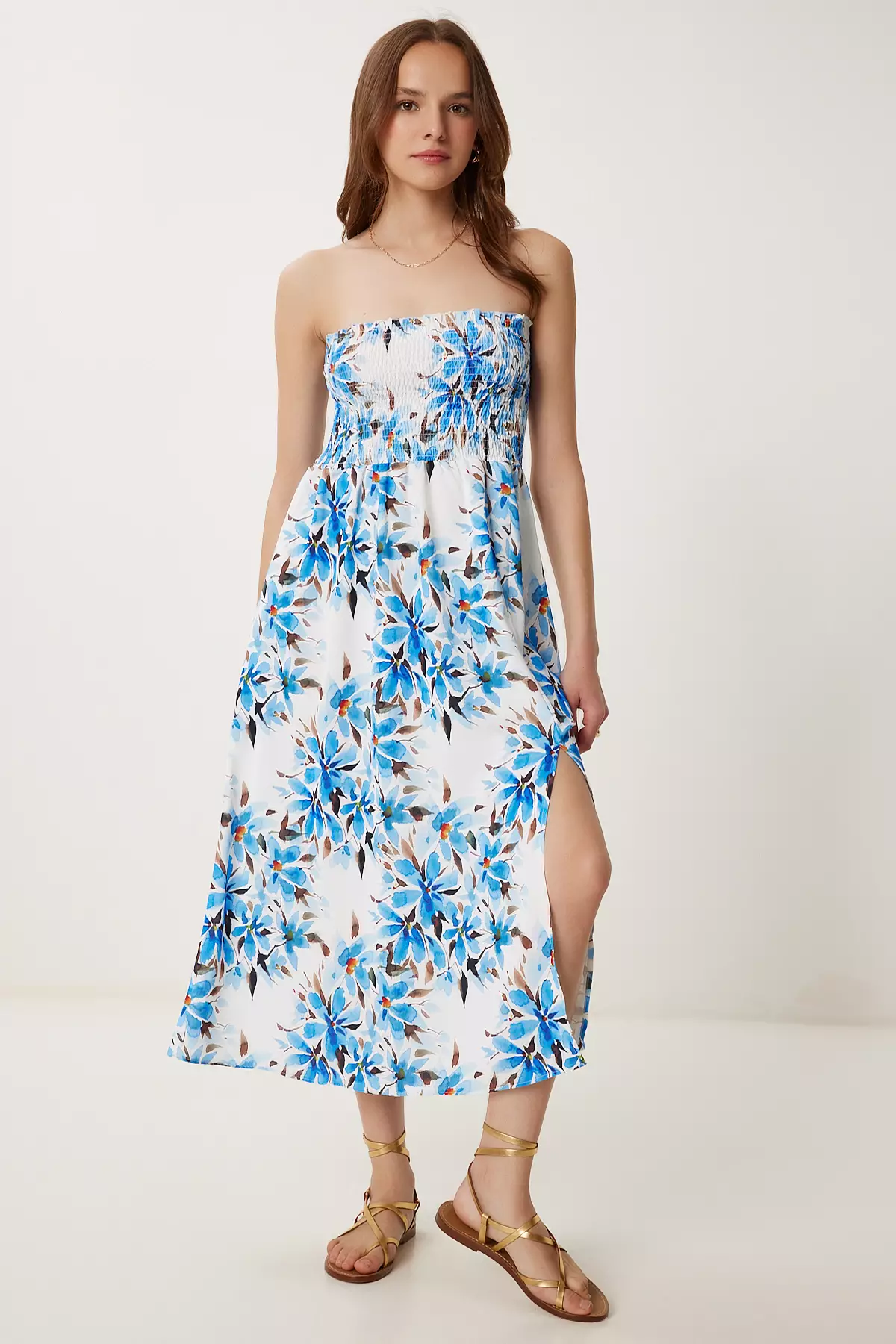 Women's Blue Bone Flower Pattern Strapless Woven Dress Jh00057
