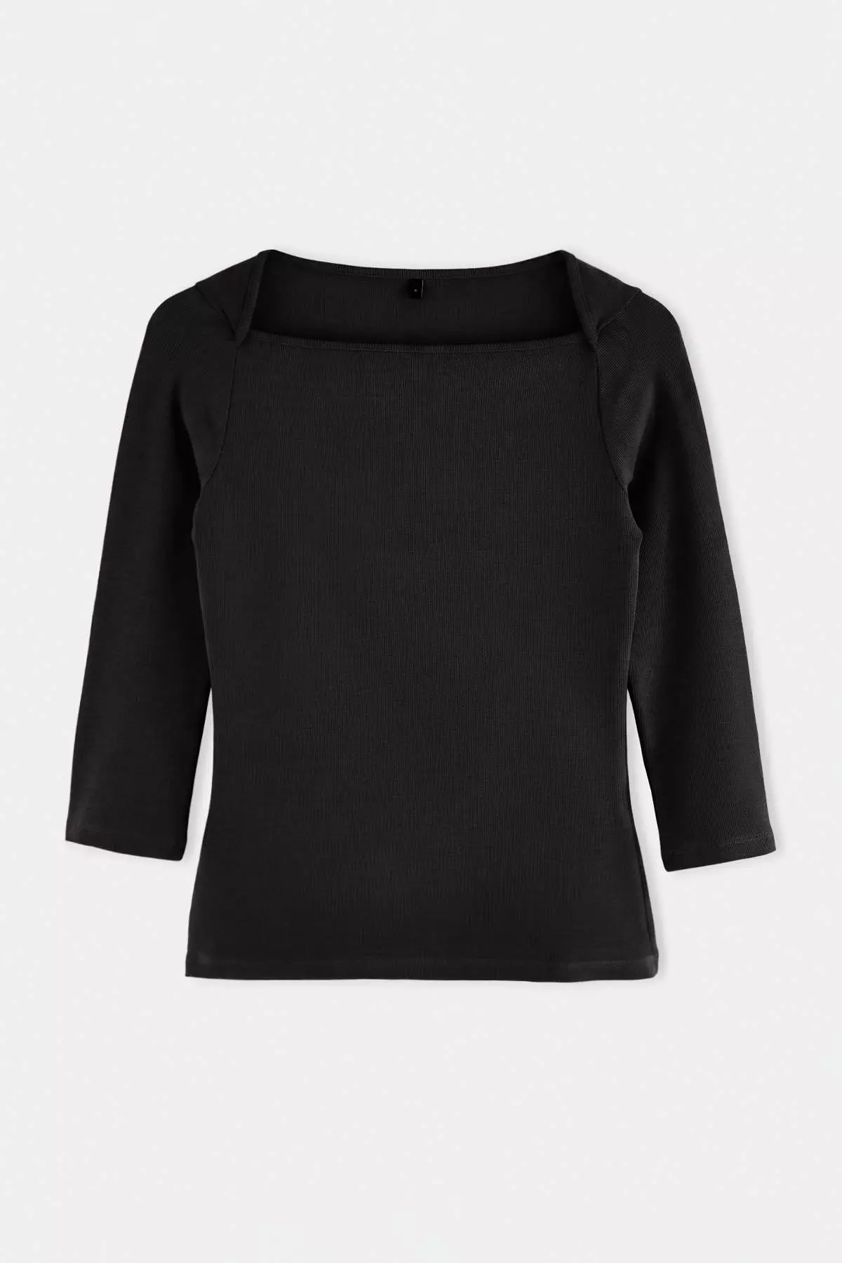 Black Plain Fitted/Body-Fitting Boat Neck Three-Quarter Sleeve Cotton Camisole Knitted Blouse
