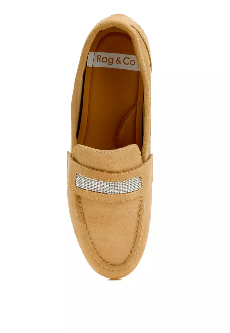 Sepatu Loafer Tali Penny Berlian Imitasi Warna Beige