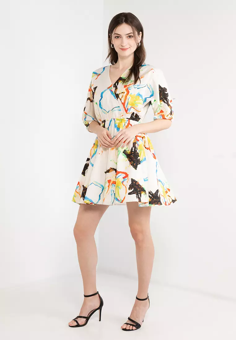 Wrap Front V Neck Printed Dress