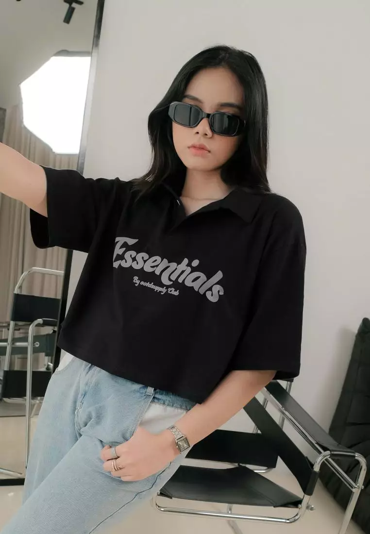 OOTDSUPPLY Oversize Polo Crop Shirt Essentials Black & White l Polo Crop Pria dan Wanita OVZ-CPS007