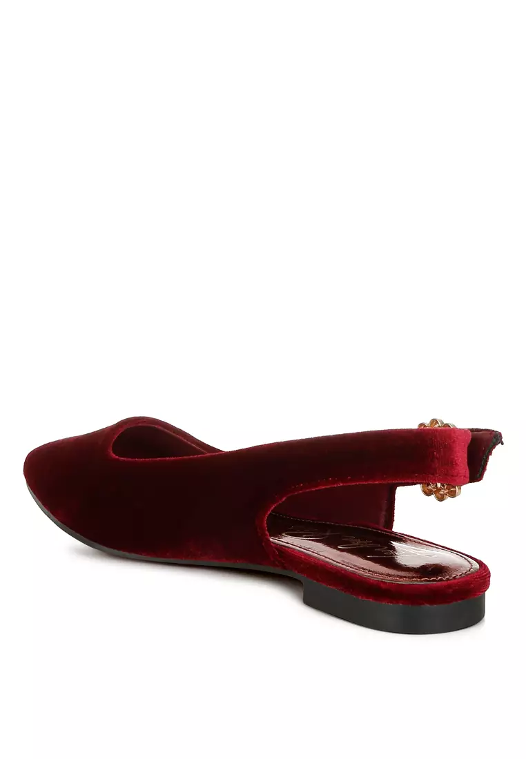 Sandal Datar Slingback Beludru Warna Merah Tua