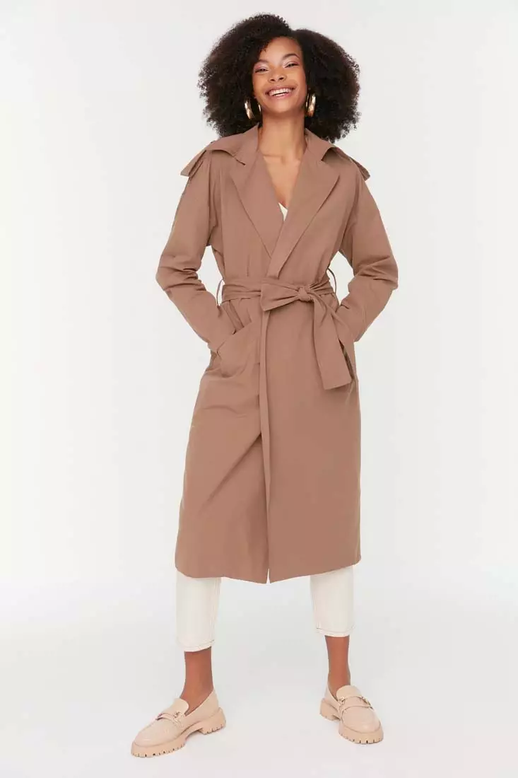 Buy BROWN LAPEL NECK WAIST-TIE POLYESTER COAT for Women Online in