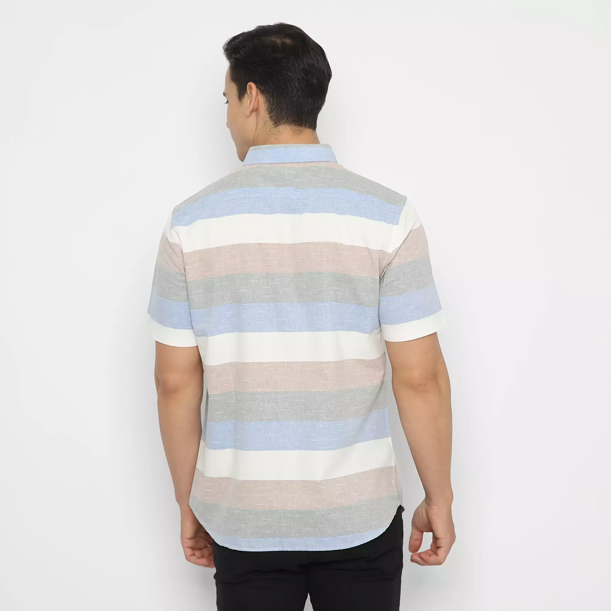 Platini Kemeja Motif Salur Pria Lengan Pendek Katun Oxford Biru 73286