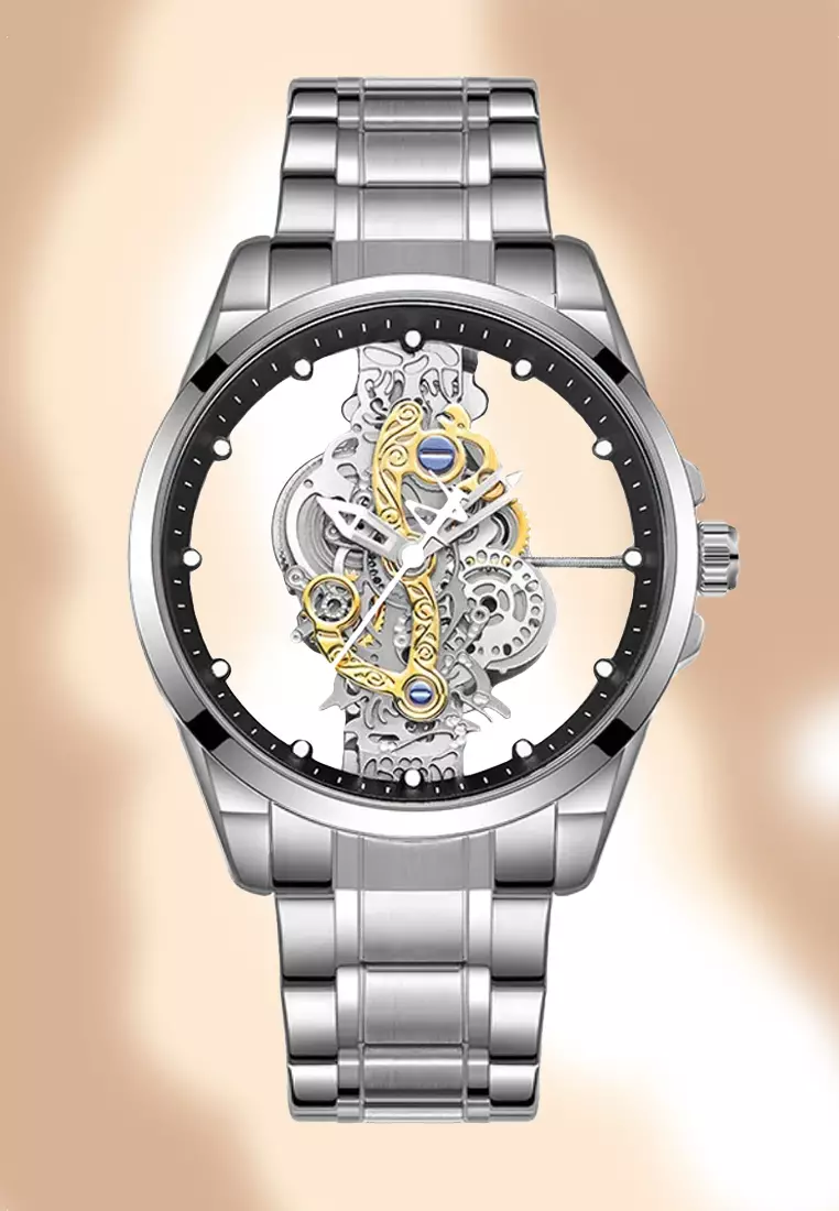 Round Skeleton Alloy Quartz Watch, Stainless Steel Bracelet