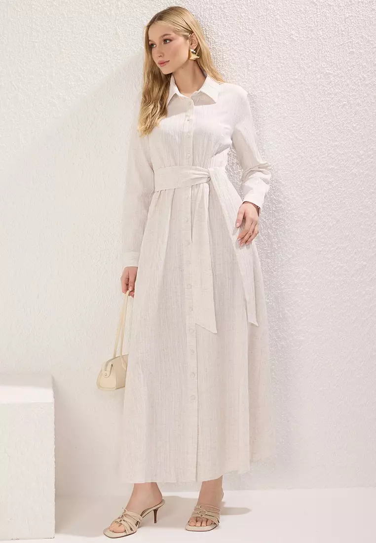 Beige Belted Woven Shirt Dress Tctss25Eb00068
