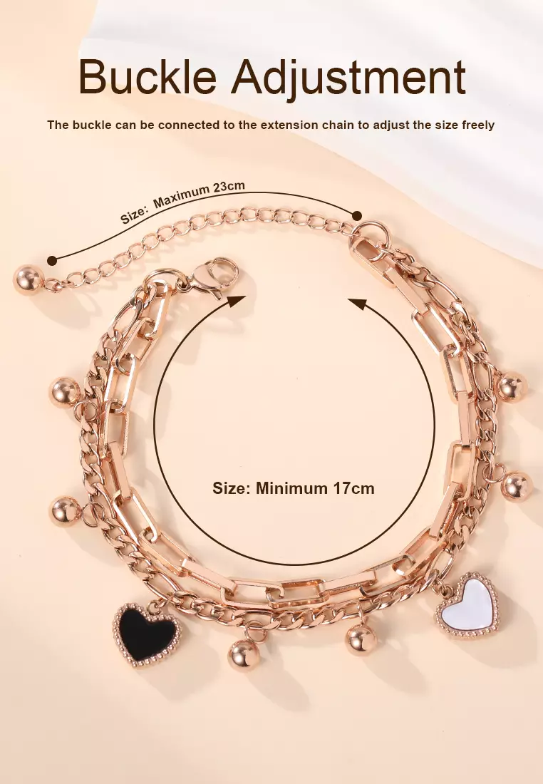 Gelang Wanita Korea Elegan Titanium Anti Pudar Berbentuk Hati Rantai Ganda Cewek Bracelets