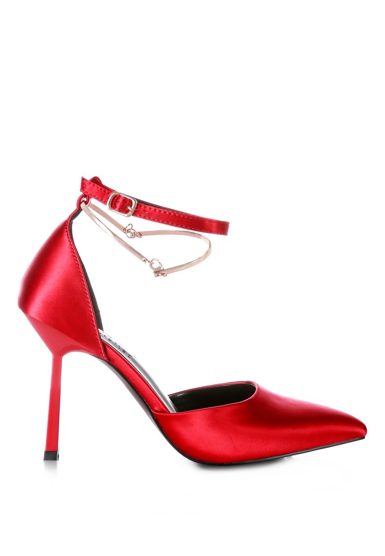 Red Satin High Heeled Anklet Sandals