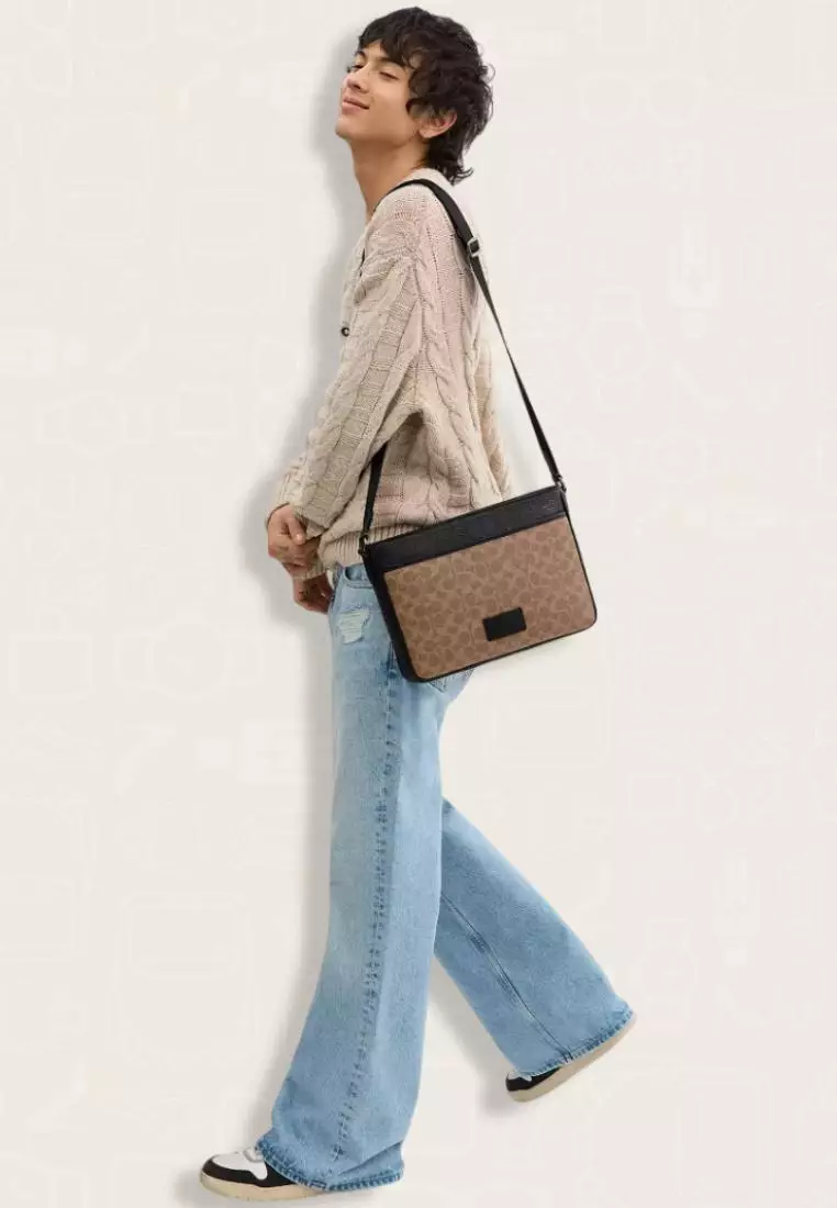 Coach District Crossbody Bag In Signature Canvas Tan Black