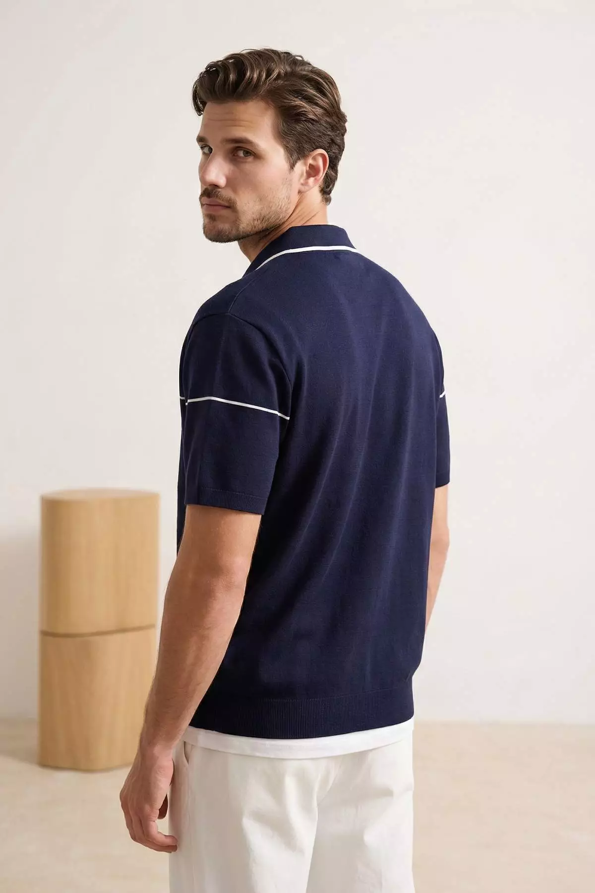Navy Blue Regular/Normal Cut Piping Detailed Zippered Knitwear T-Shirt Tmnss26Ts00020