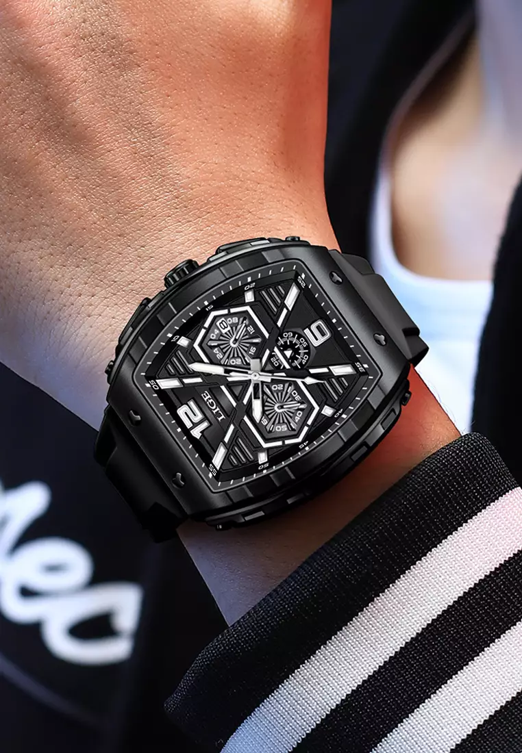 Unisex Tonneau Shaped IP Black Quartz Watch on Rubber Strap