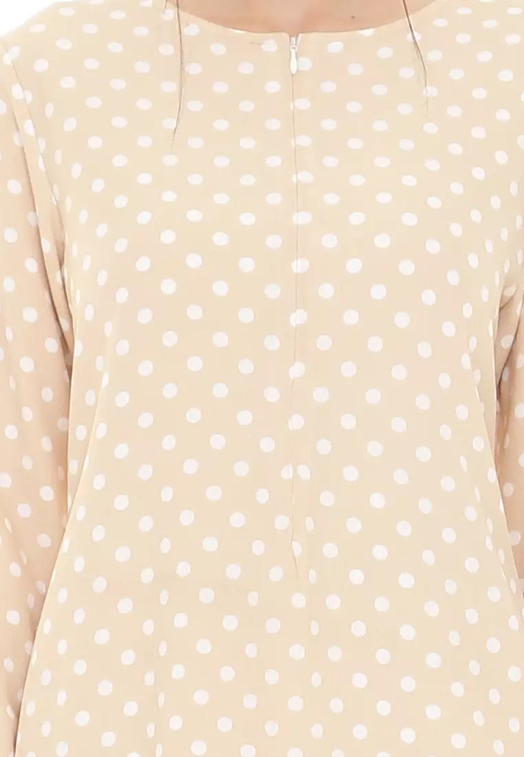 Rina Polka Dot Printed Kurung Basic Modern in Beige