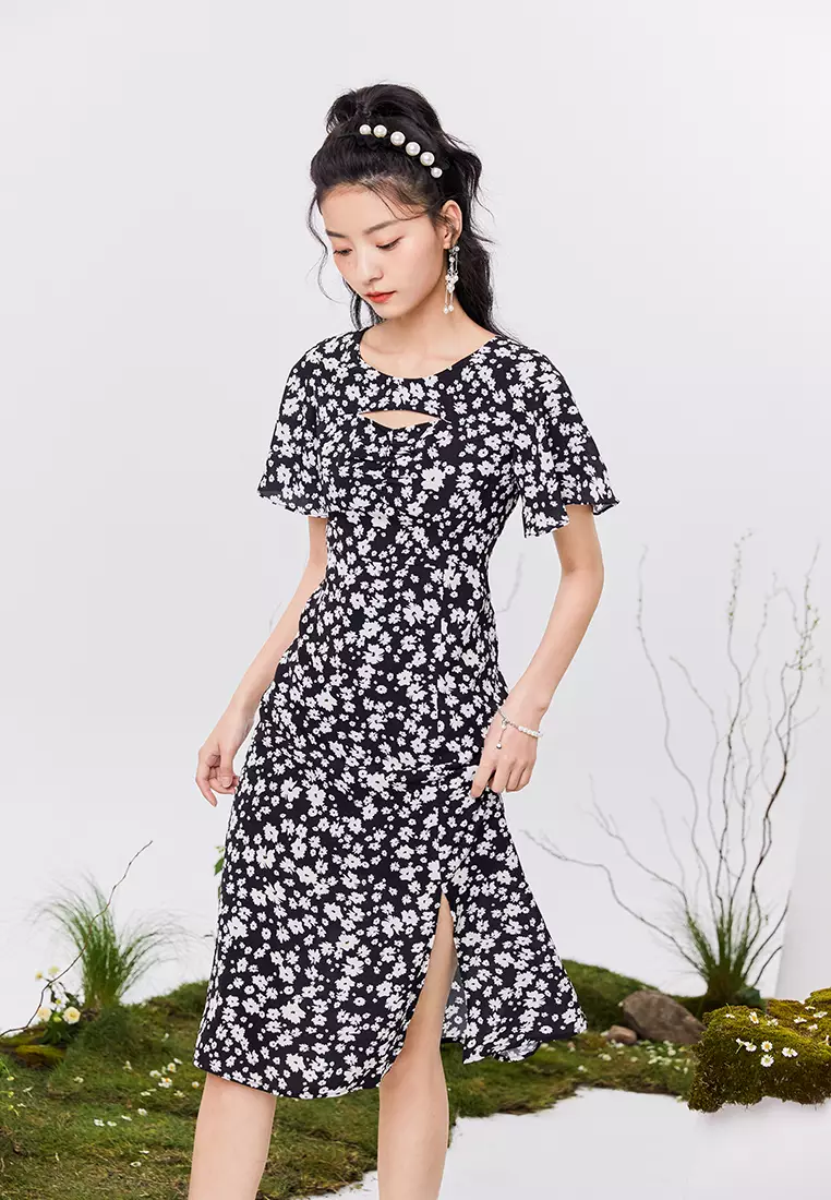 Front Slit Floral Midi Dress