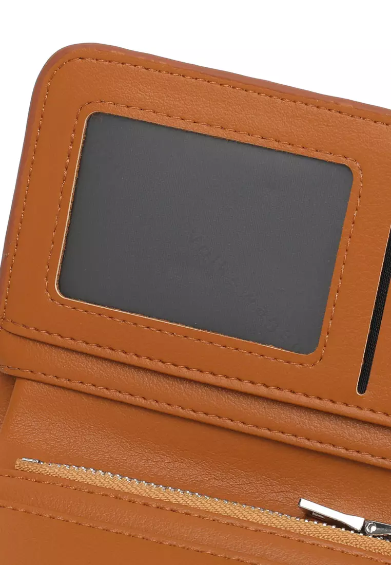 Women's Pin Button Bi Fold Leather Short Wallet / Purse With Coin Compartment