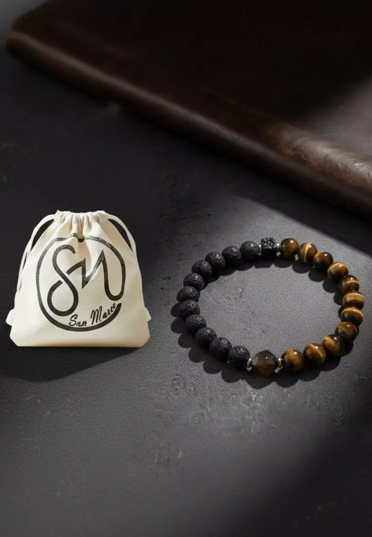 Aksesoris Gelang Pria Cats Eye, Lava & Red Agate Center Bracelet Black, Brown & Rusty Red