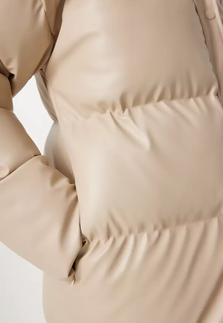 Stand Collar Faux Leather Puffer Coat