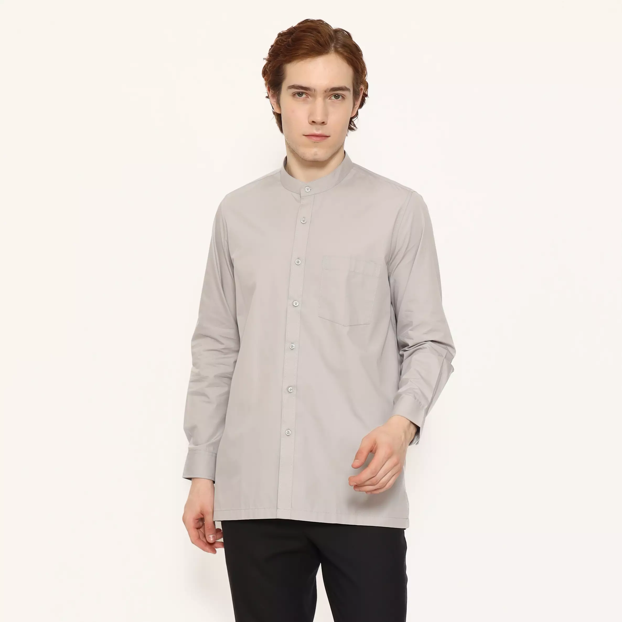 LAWELL ALARA-L Baju Koko Pria Lengan Panjang Regular Fit Kerah Mandarin Polyester Cotton Premium Warna Light Grey