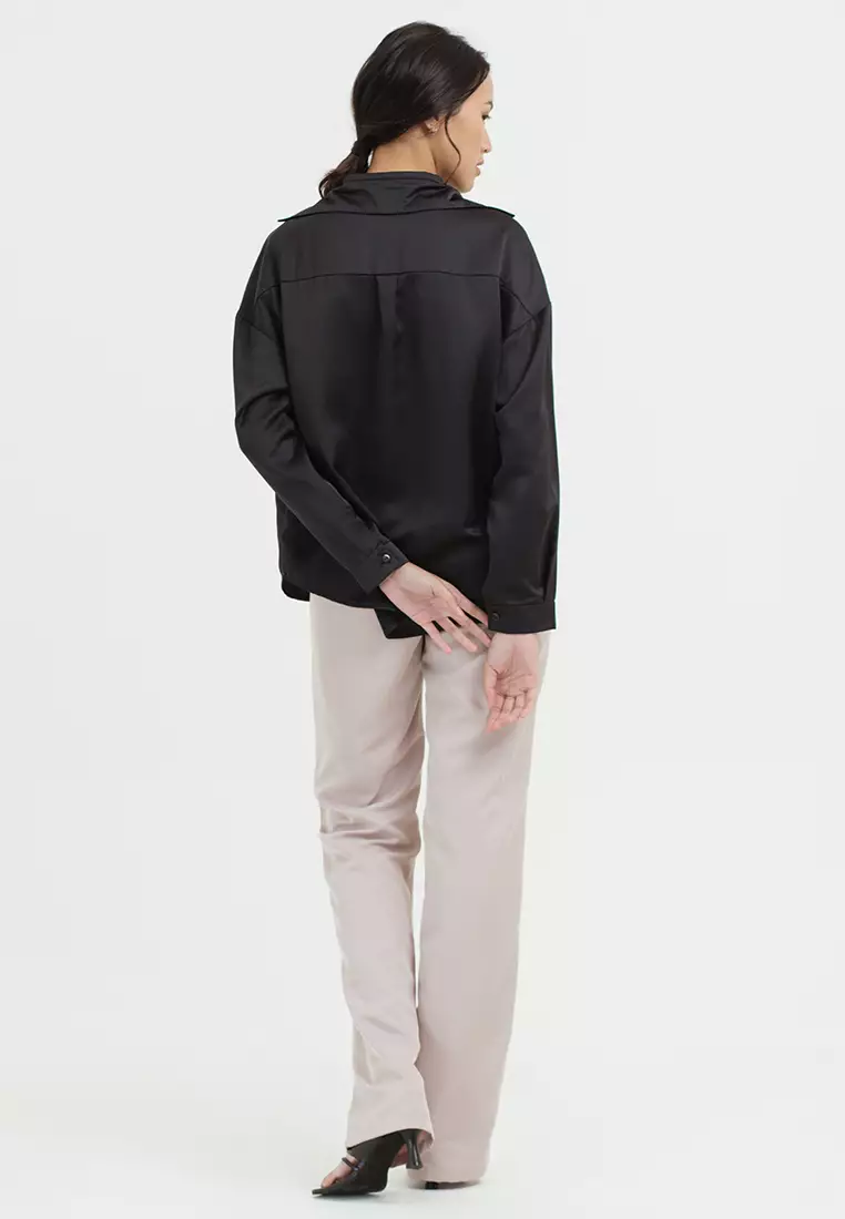 Oversized Sateen Shirt in Black