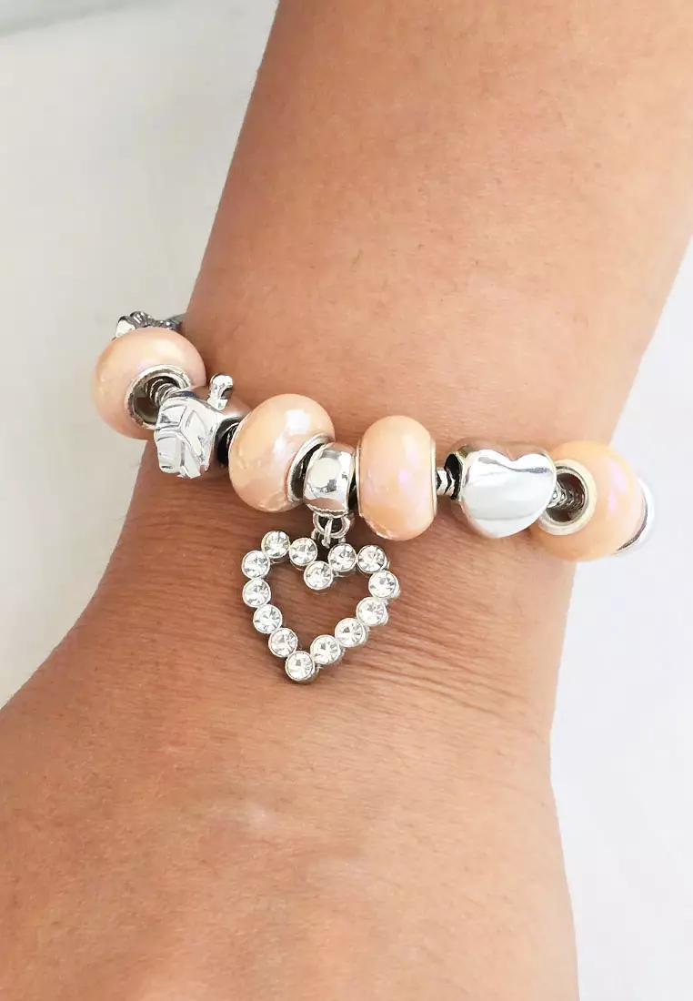 Accessories Wanita Heart embellished Pomora Charm Bracelet Gelang Wanita Silver & Peach