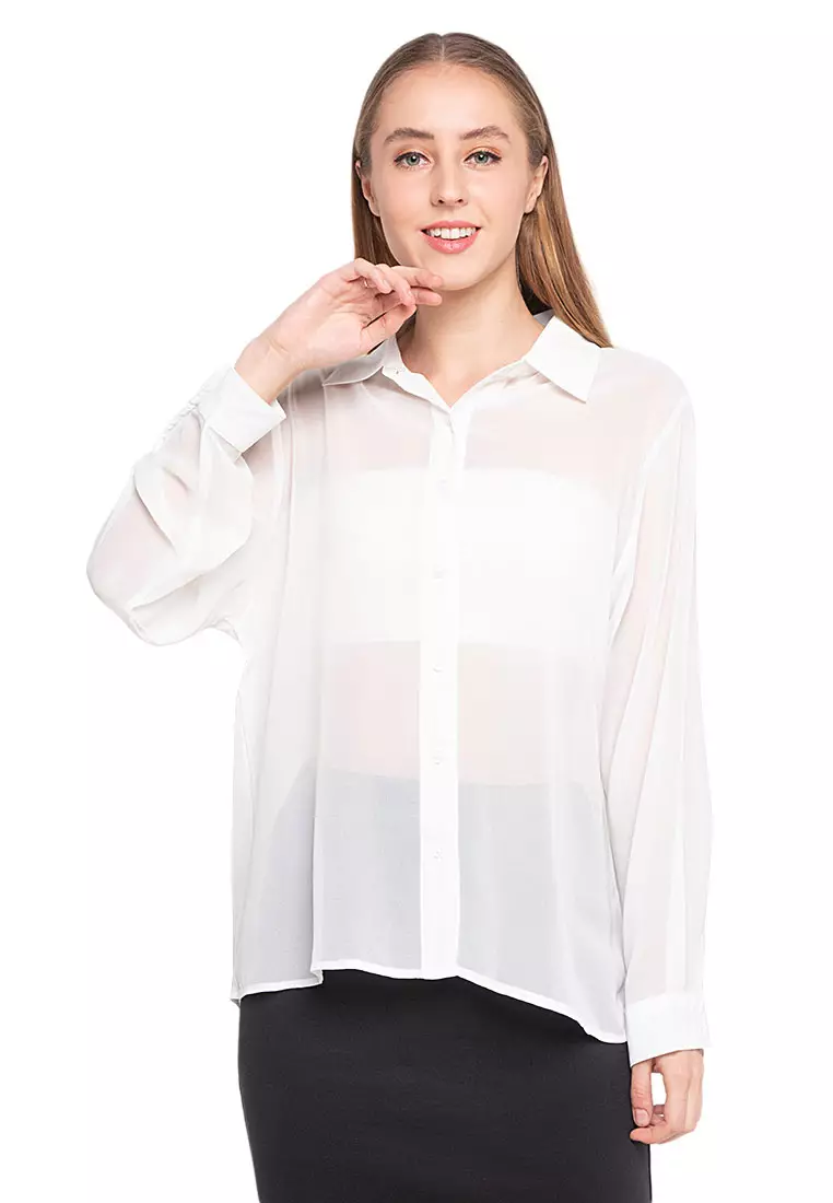 Calder Kemeja Atasan Transparan Front Button Opening Design Simple Plain Shirt Wanita - White