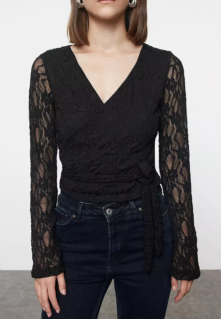 Lace Crop Wrap Blouse