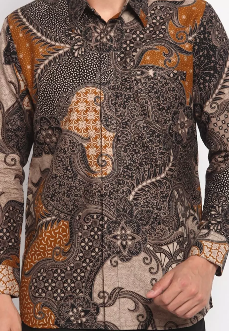 Kemeja Batik Pria Premium Slimfit Elegant Modern Lengan Panjang Trijata Oranye