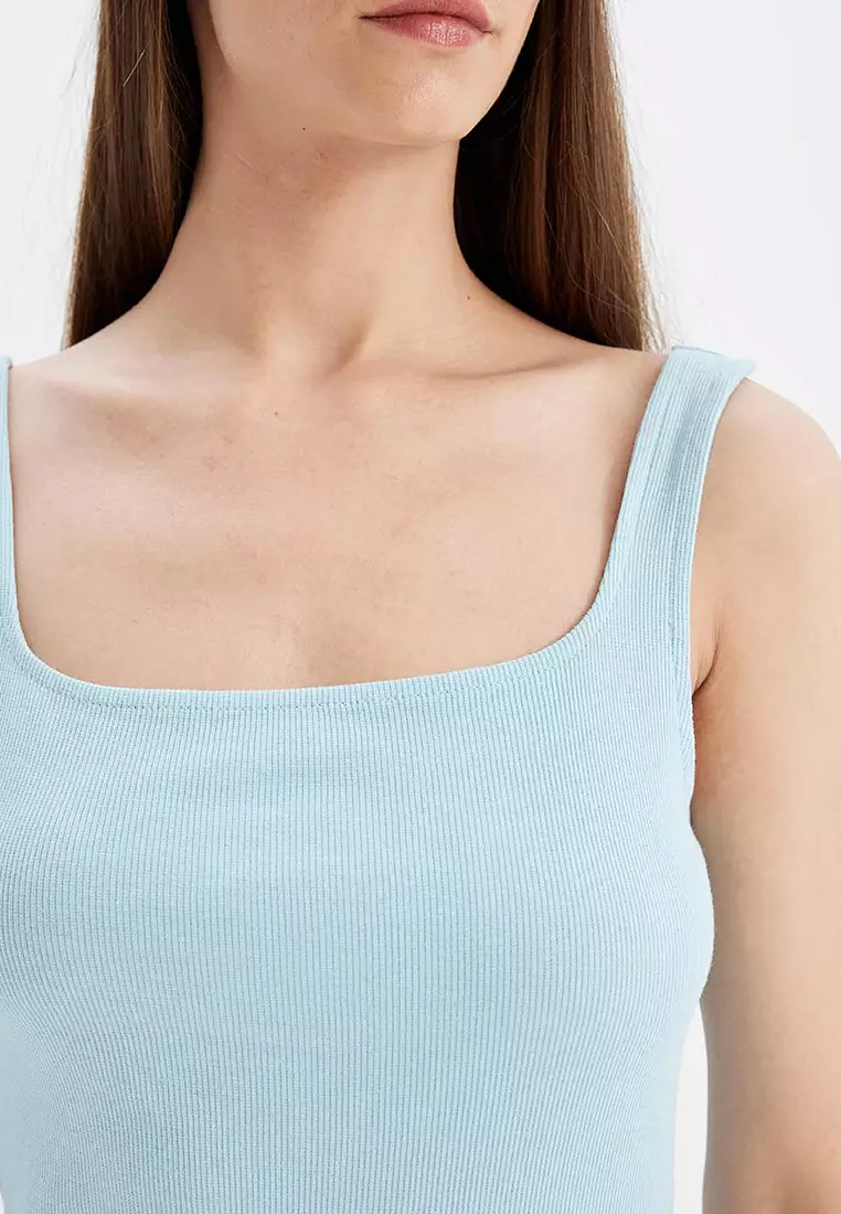 Bodycon Fitted Basic Plain Square Neck Ribbed Camisole Sleeveless Midi Dress