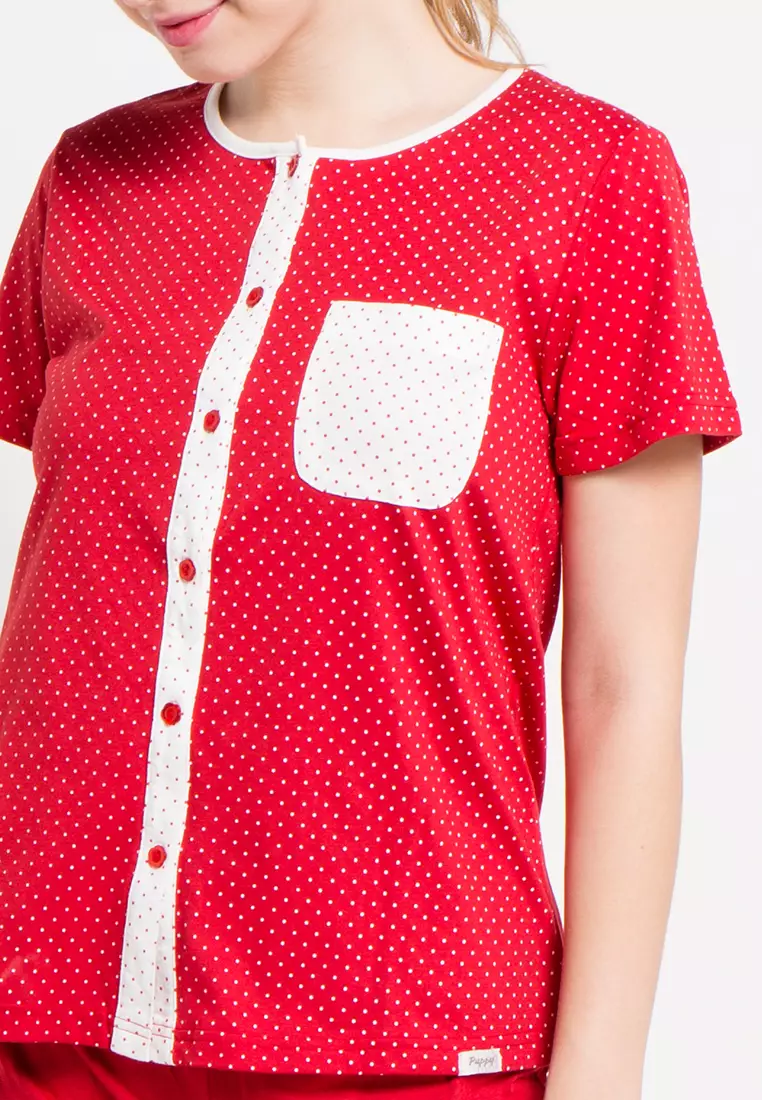 Short Sleeve Long Pants Print Polkadot Sleepwear