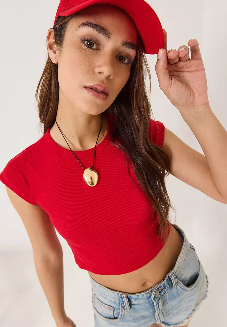 Women's Cotton Scoop Neck Crop Top - Short Sleeve Basic Tee (Red, 2X)